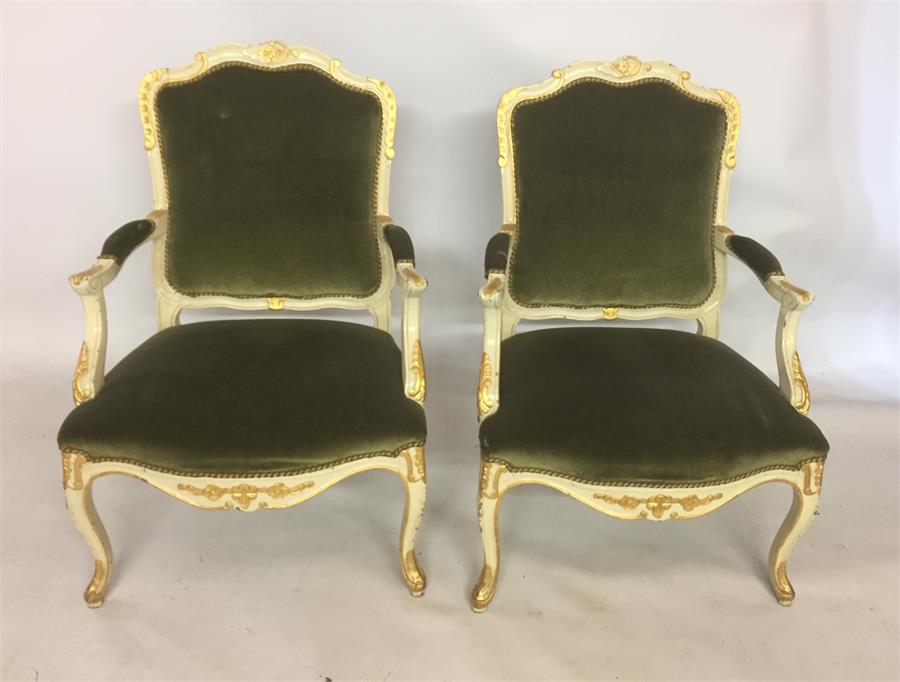 A pair of Louis XV, style, cream-painted, parcel gilt, open armchairs - Image 2 of 3