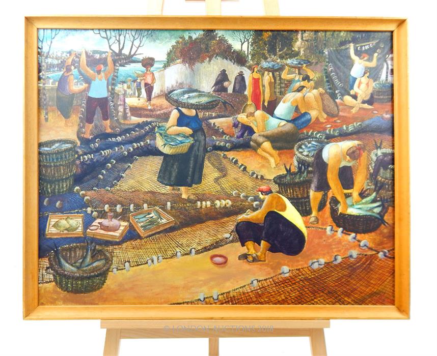 Signature indistinct, A large, detailed oil painting depicting fisher-people