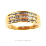 A 14 ct yellow gold, three-row, baguette-cut diamond ring