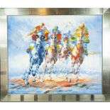 C. Bank (contemporary), An abstract oil painting of four jockeys on horseback