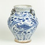 A large, Chinese, Ming-style, hand-painted, blue and white jar