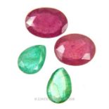 Four loose, natural, faceted, emerald and ruby stones