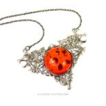 Silver Pendant Necklace with Amber Stone