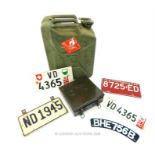 A military Bellino Jerry can, medical box and number plates