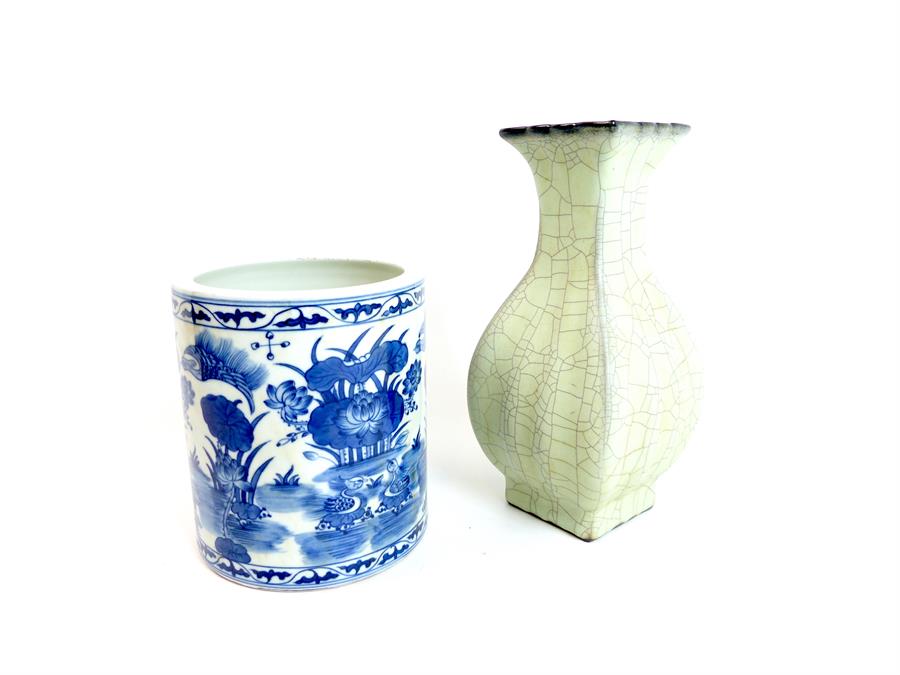 Chinese Celadon Vase and Blue and White Brush Pot