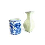 Chinese Celadon Vase and Blue and White Brush Pot