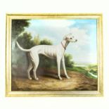 An oil on canvas portrait of a Greyhound in the 18th century style