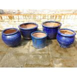 A collection of five large blue glazed jardinieres