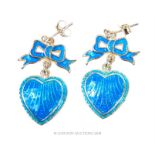 A pair of silver and blue enamel drop heart earrings