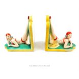 A pair of Art Deco, hand-painted, ceramic, 'bathing belles', bookends