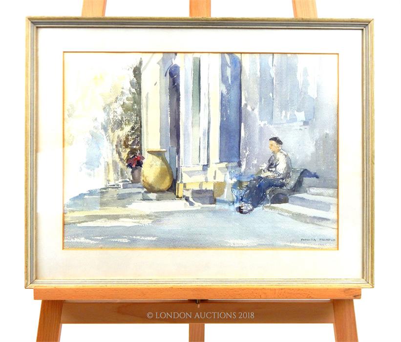 Patricia Prentice, (Australian) A framed watercolour of a gentleman in the shade