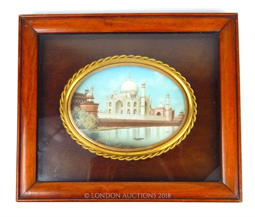 A framed, 19th century, Indian, miniature-painting on ivory of the Taj Mahal