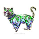 A silver plique a jour cat brooch