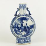A Chinese, hand-painted, blue and white, porcelain, moon flask