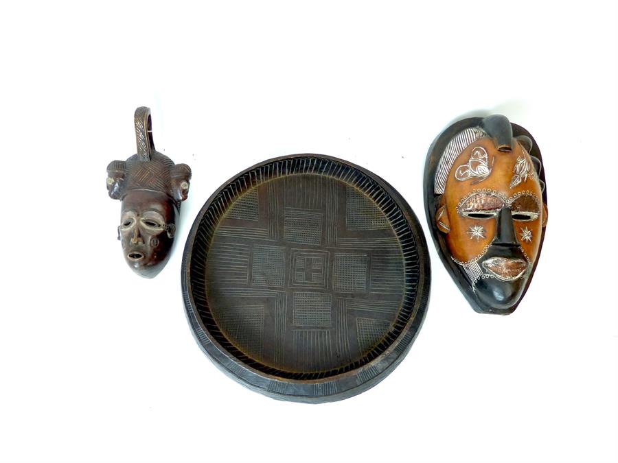 Two African Masks and Wooden Dish