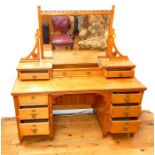 An Arts and Crafts, Gothic-style, inlaid-pine, desk with mirror