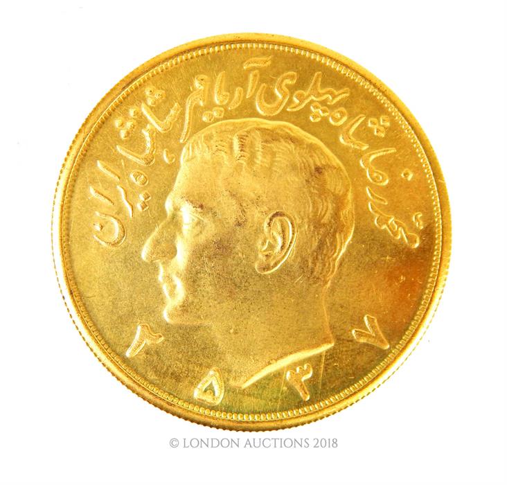 Persian five V Pahlavi gold plated coin of Shah of Iran