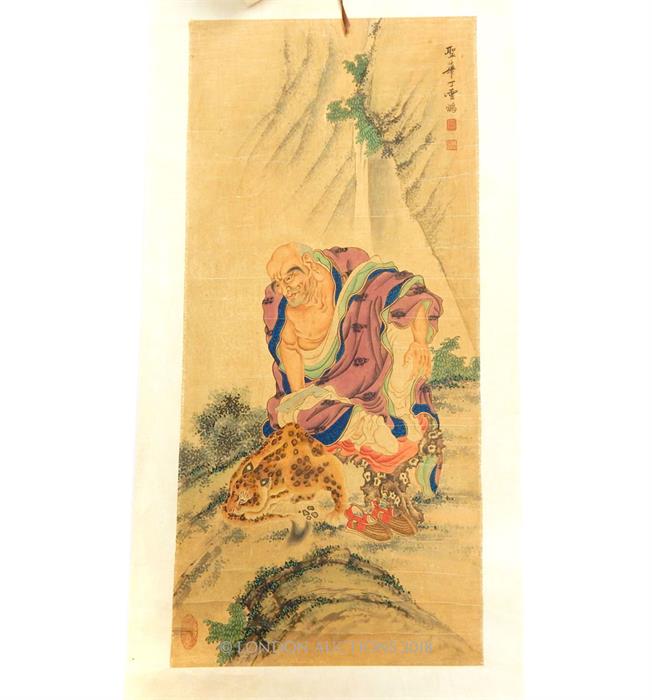 A Chinese hand painted scroll depicting a Luohan Monk - Image 2 of 5