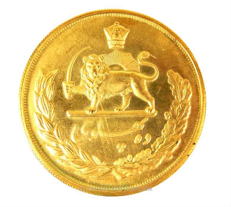 Persian five V Pahlavi gold plated coin of Shah of Iran - Image 2 of 2