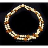 A 14 ct yellow gold, cultured pearl and citrine necklace