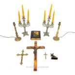 A collection of antique, brass, devotional items and lighting