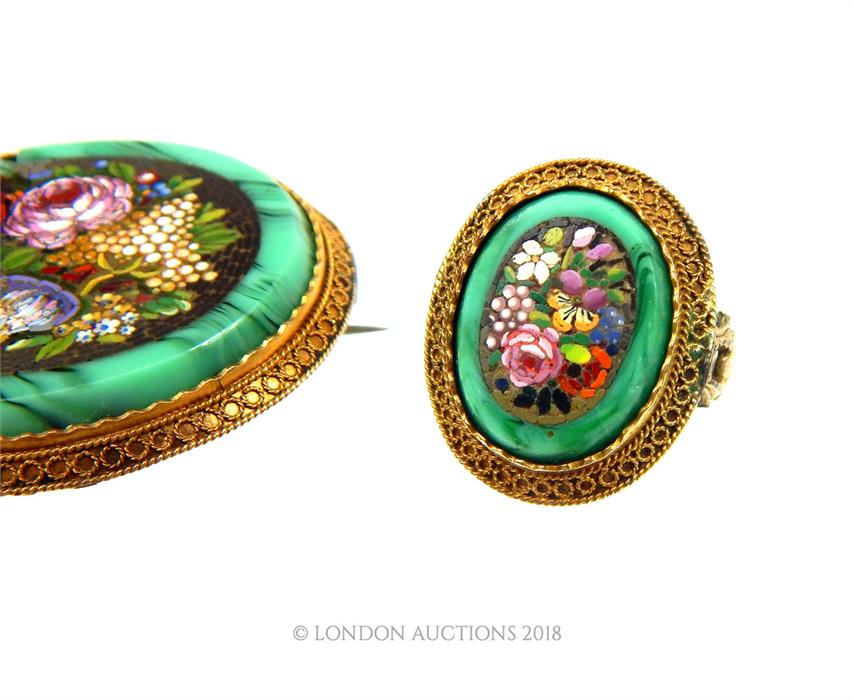 A 19th century, yellow metal, oval, green-glass and micro-mosaic, brooch - Image 3 of 3