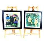 A pair of stylised batik studies of ladies in contemplation, sight size 52 x 52cm, in black