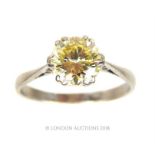 An 18 ct white gold, fancy yellow diamond, solitaire ring
