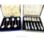 A cased set of sterling silver, Mappin & Webb, coffee-bean ended spoons and other