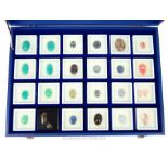 A blue-cased, specimen collection of gemstones