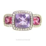 An 18 ct white gold, diamond, amethyst and pink sapphire ring