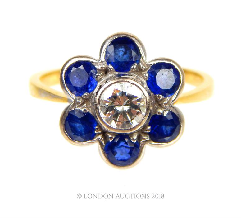 An 18 ct yellow gold, sapphire and diamond, flower-head ring - Image 2 of 3