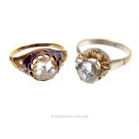 Two gold rings each set with a rose-cut diamond, solitaire
