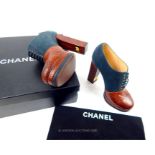 A boxed pair of Chanel, unworn, chunky heels (Size: 39 1/2)