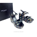 A boxed, pair of Saint Laurent, floral wedge shoes (Size: 40)