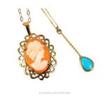 A 9 ct yellow gold cameo pendant and turquoise drop pendant necklace
