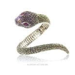 Unusual silver and marcasite snake watch bangle with ruby eyes