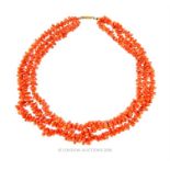 A 19th century, three-strand, natural coral necklace