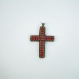 A large, sterling silver, coral and marcasite studded, cross pendant