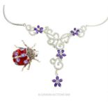 Ladybird pin with silver cz & amethyst necklace