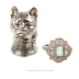 A sterling silver vesta case in the form of a cat's head and a silver ring