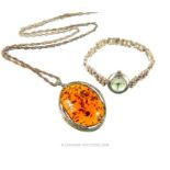 Silver watch and amber pendant silver necklace