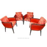 Four wooden & red armchairs