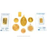 A collection of high carat, yellow gold coins and ingots