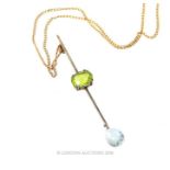 A 1940's, 9 ct yellow gold, peridot and aquamarine pendant on chain