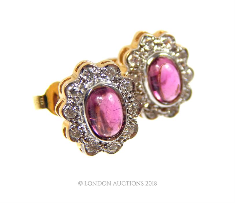 Pair of 14 ct yellow and white gold, diamond and pink tourmaline stud earrings - Image 2 of 2