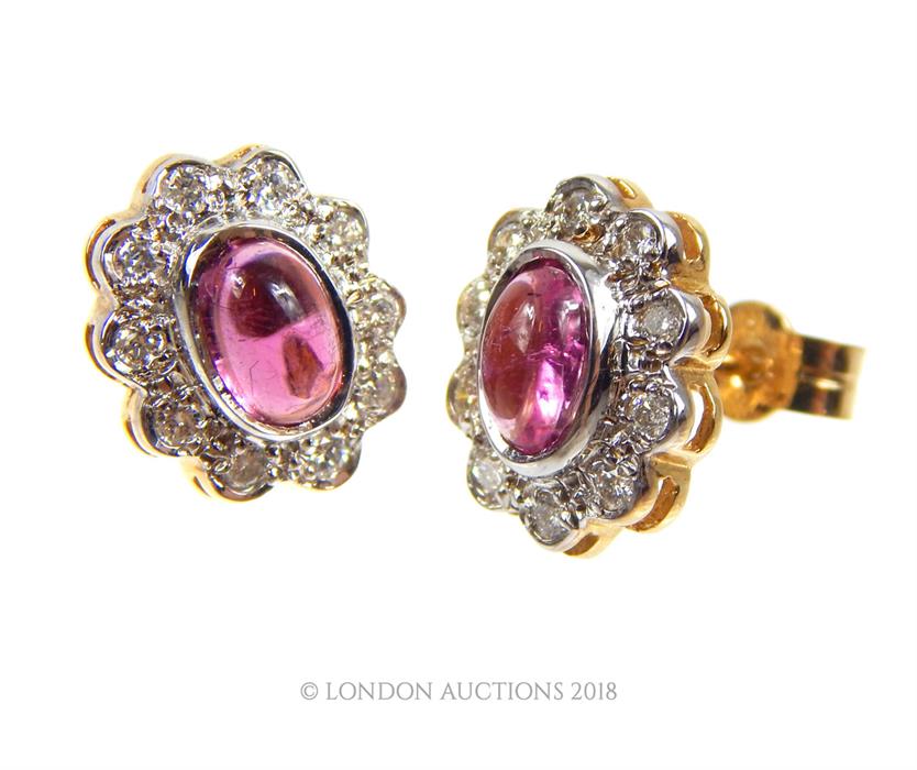 Pair of 14 ct yellow and white gold, diamond and pink tourmaline stud earrings