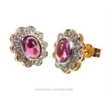 Pair of 14 ct yellow and white gold, diamond and pink tourmaline stud earrings