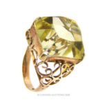 A vintage, 9 ct yellow gold filigree and large, citrine ring