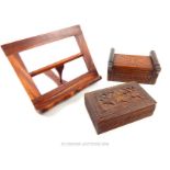 Oriental hardwood book stand & two boxes